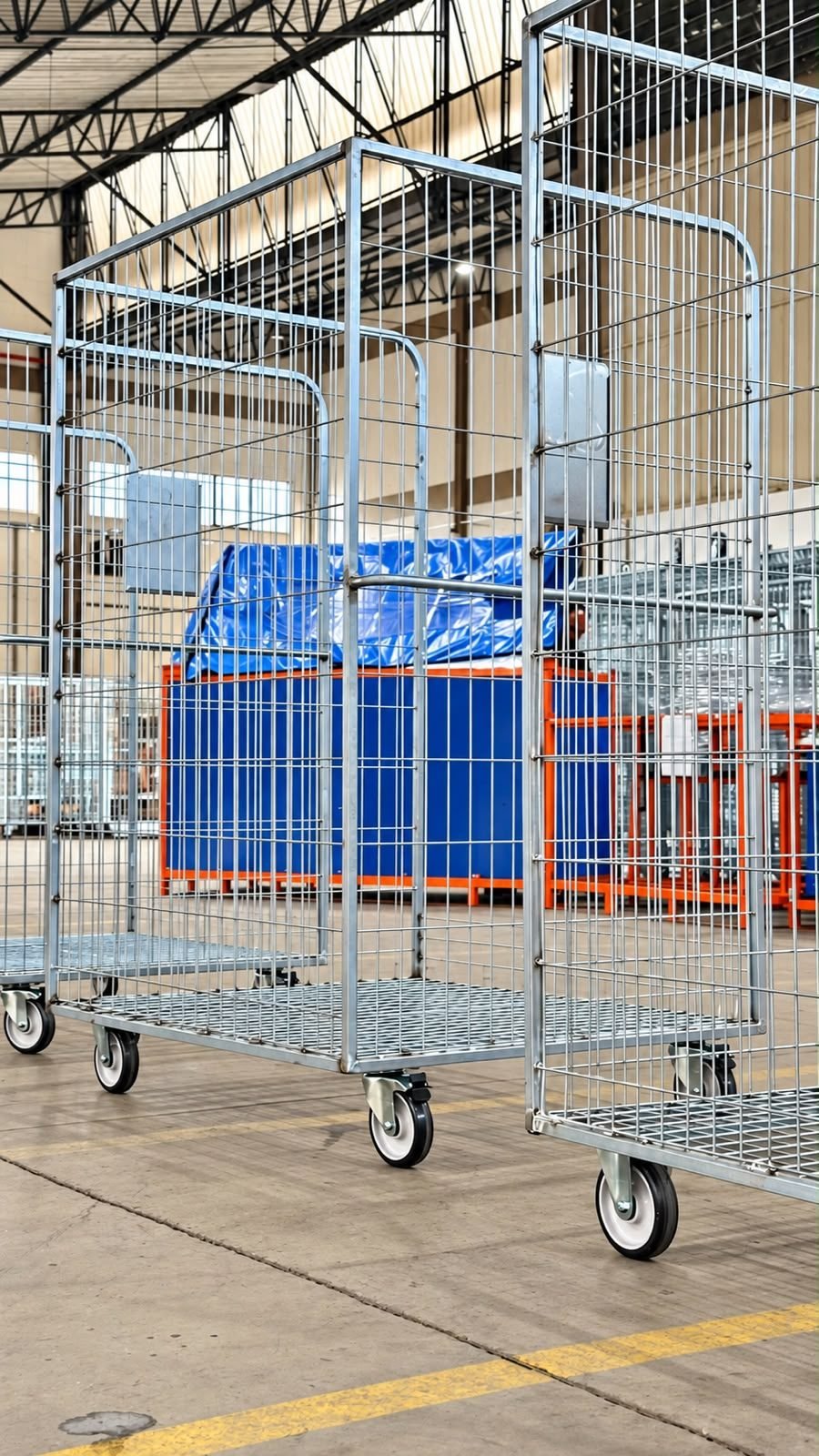 Carrinhos industriais aramados com rodízios na fábrica da Estrutálica